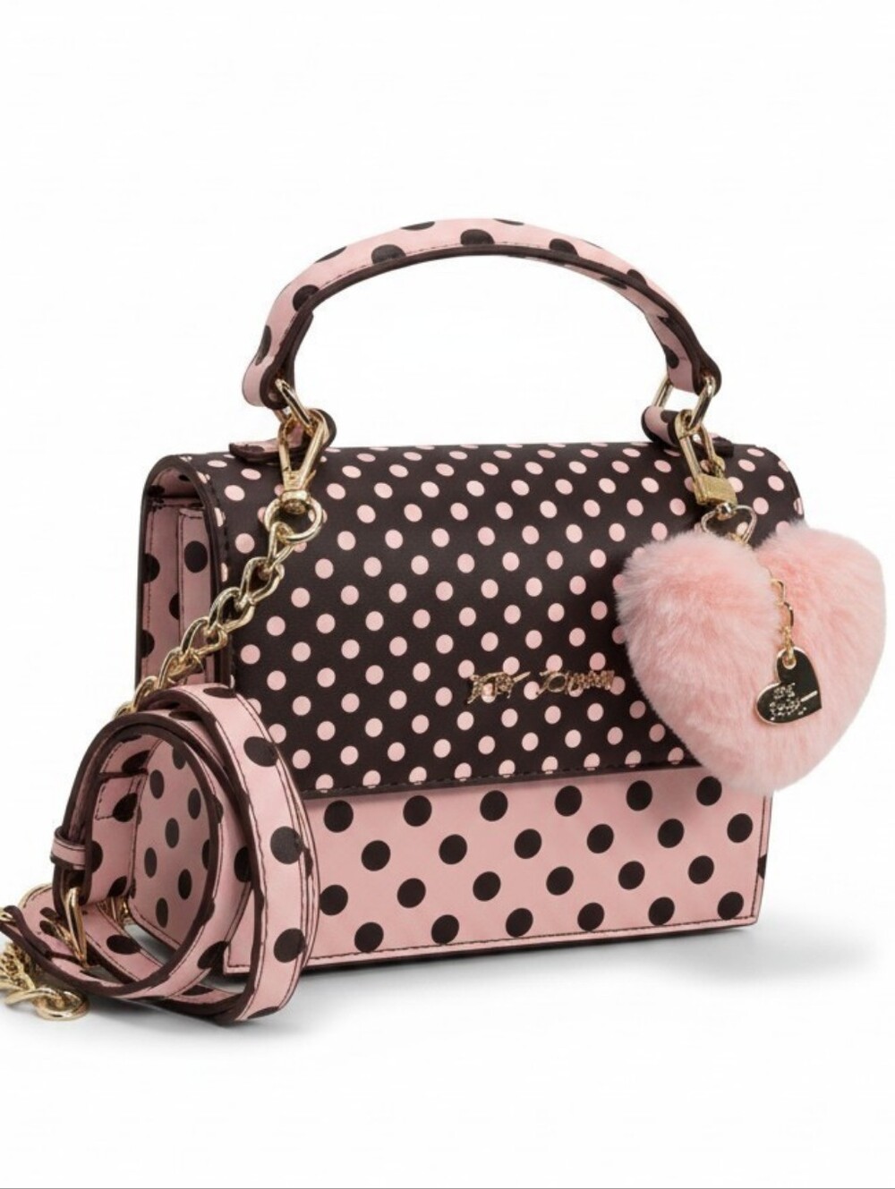 🤎▪️Betsey Johnson Polka Dot Top Handle Crossbody Bag with Fluffy Pink Heart Pom